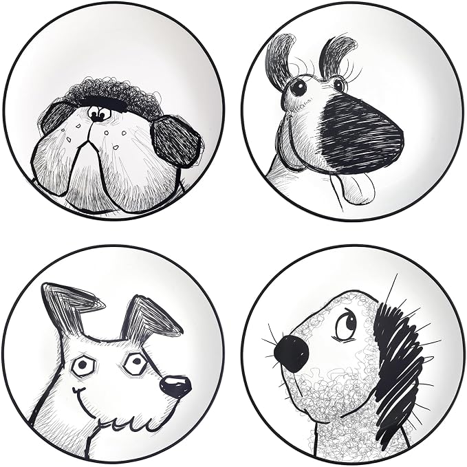 Bico Doodle Pawtrait Ceramic Salad Plates Set of 4, 8.75 Inch Dessert Plates by Bico