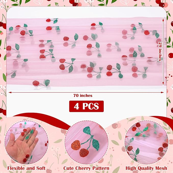 4 Pcs Cherry Table Runner 29 x 70 inch Pink Glitter Tulle Lace Cloth Rectangle - Image 2