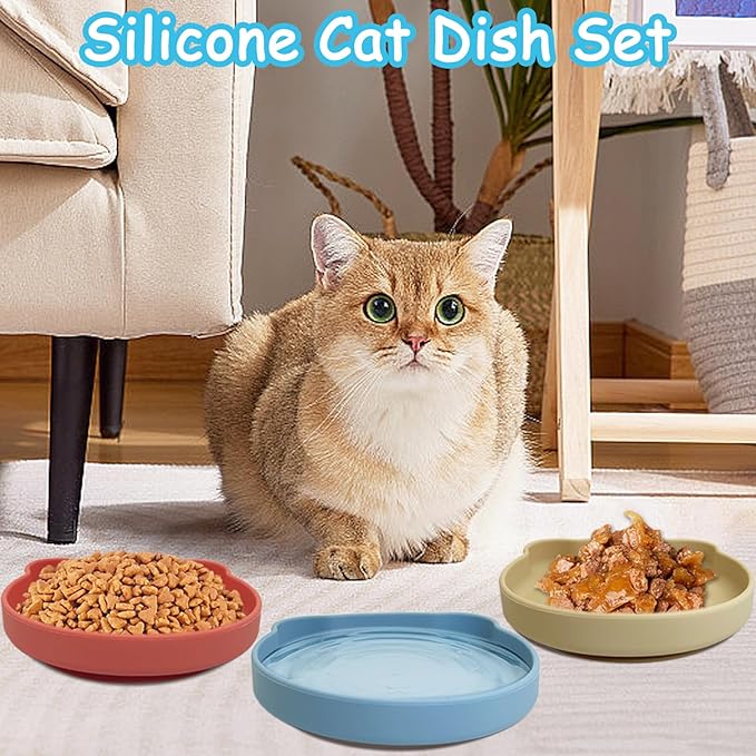 Silicone Cat Food Bowl Suction Cup Cat Dish 7" Shallow Kitty Plates Set of 3 Non-Slip Pet Dishes Relief Whisker Fatigue Puppy Feeding Bowl for Dry & Wet Food (Beige + Red + Blue)
