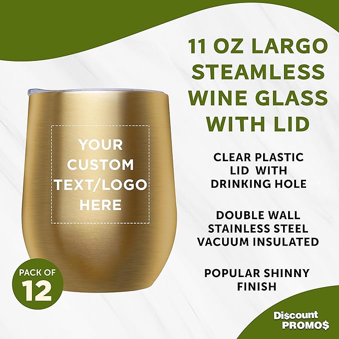 Custom Stemless Wine Glass Tumblers with Lids by Largo 11 oz. Set of 12, Personalized Bulk Pack - Perfect for Wine, Cocktails, Other Hot & Cold Beverages - Gold