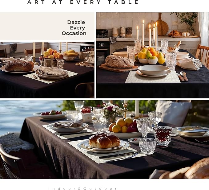 Leetaltree Luxury White and Silver Woven Placemats Set of 6 - Waterproof Washable Textured Table Mats for Wedding, Anniversary, Daily Use - Sparkling Metallic Thread Table Decor - Hand-Cut