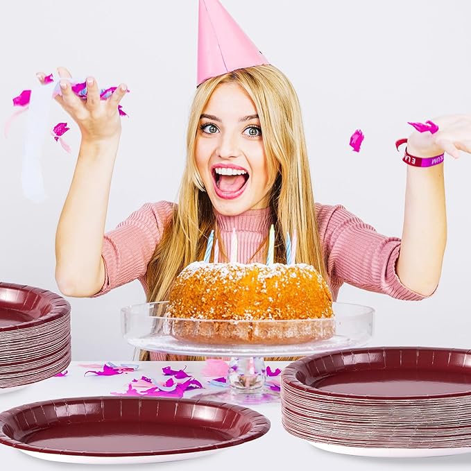 50Pcs Burgundy Oval Paper Plates 10" x 12" Heavy Duty Maroon Wine Dark Red Party Disposable Plates Valentines Day Dessert Platter for Anniversaries Wedding Birthday Holiday Party Supplies Decoration