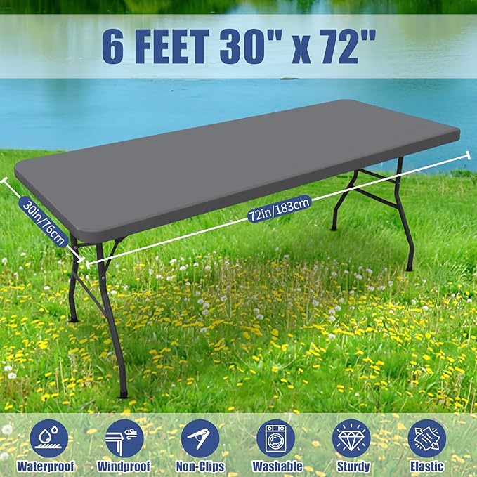 Spandex 6 Foot Rectangle Table Cloth 2 Pack, Elastic Fitted Tablecloths for Picnic, Stretch Washable Patio Table Cover for Outdoor, Camping, Banquet and Parties (Grey, 30"x72")