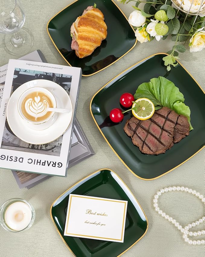 bUCLA 50PCS Green and Gold Plastic Plates - Green Gold Square Plastic Disposable Include 25 Each (Dinner & Dessert) Plates, Ideal for Party & Christmas