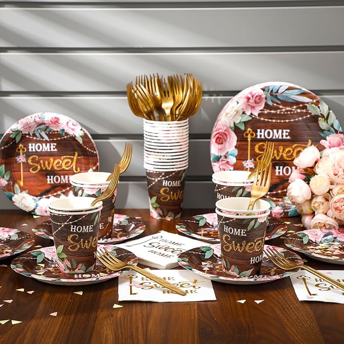 Zubebe 120 Pcs Housewarming Party Tableware Home Sweet Home Plates and Napkins Disposable Sets Rustic Leaves Floral House Warming for New House Wedding Party Supplies Serve 24 Guests(Boho Style)