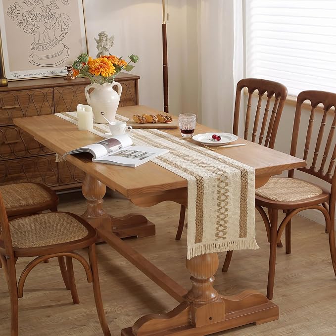 Boho Table Runner with Tassels 12 x 144 Inches Long, Cream & Brown Rustic - Image 4