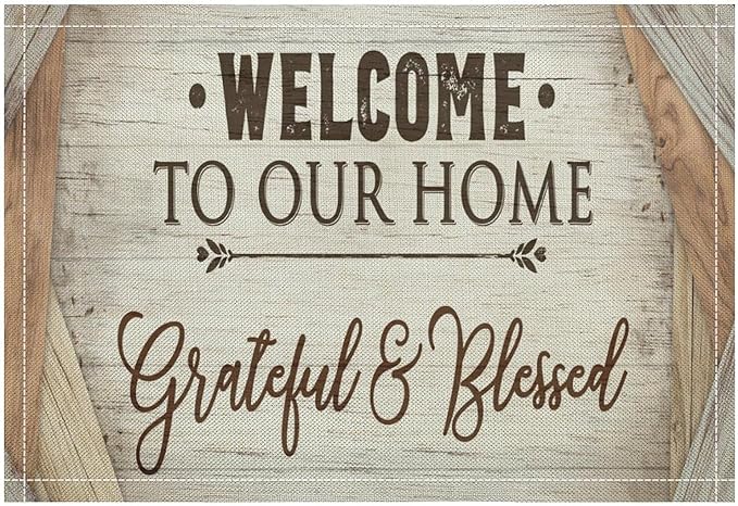 Vintage Farmhouse Placemat Set, Beige White Rustic Wooden Plank Patchwork Welcome Home Letter Inspirational Quotes Pattern Home Decor Linen Table Mats for Dining Room Kitchen Party (17x12in) x4P