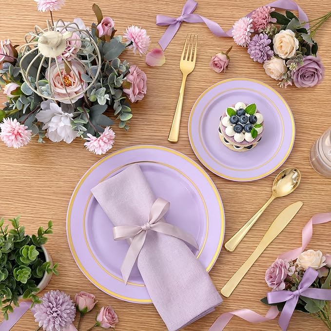 175PCS Purple Plates Disposable - Lavender Plastic Plates 25Guests Plastic Dinnerware with Rolled Napkins for Birthday/Spring/Baby Shower/Easter