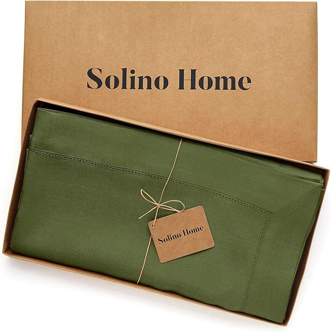Solino Home Linen Tablecloth 52 x 52 Inch - 100% Pure Linen Olive Square Tablecloth - Classic Hemstitch, Machine Washable Table Throw