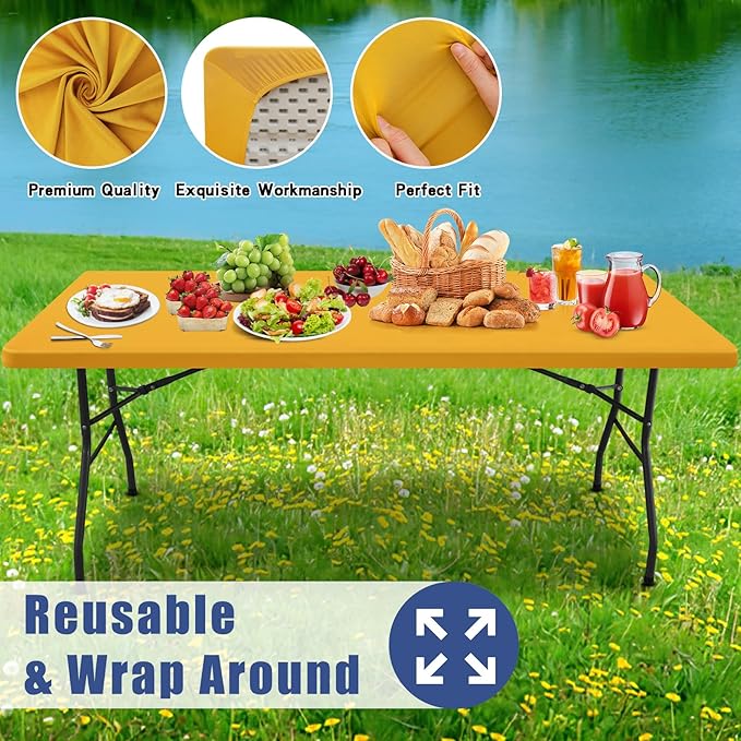 Spandex 6 Foot Rectangle Table Cloth 2 Pack, Elastic Fitted Tablecloths for Picnic, Stretch Washable Patio Table Cover for Outdoor, Camping, Banquet and Parties (Mustard Yellow, 30"x72")