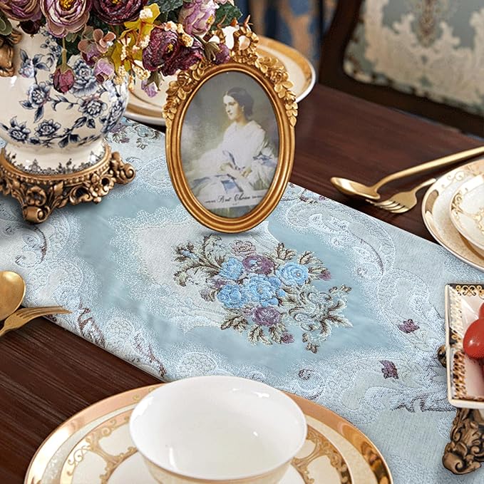 Damask Luxury Table Runner 72 inches Long Textured Chenille Light Blue | Decor - Image 5