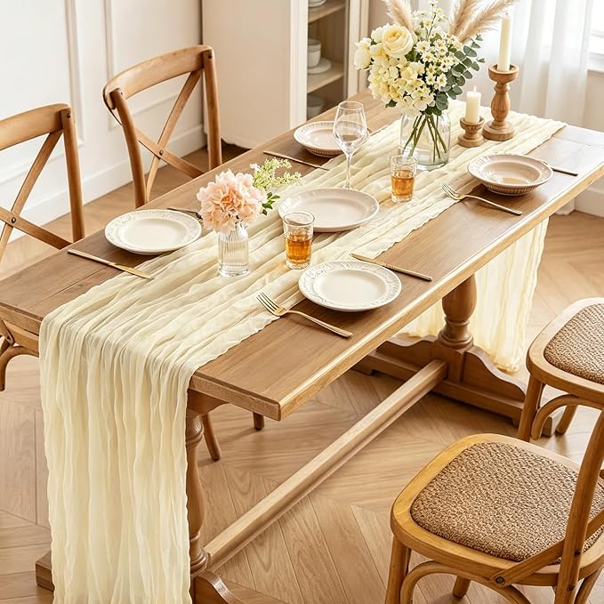 Beige Cheesecloth Table Runner, 10FT Rustic Beige Boho Gauze Table Runner - Image 6