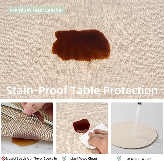 Round Wipeable Placemats Set of 6 – Faux Leather Round Table Mats, Waterproof & Washable Vinyl Placemats, Circle Design for Dining Table Decor– Ivory Beige