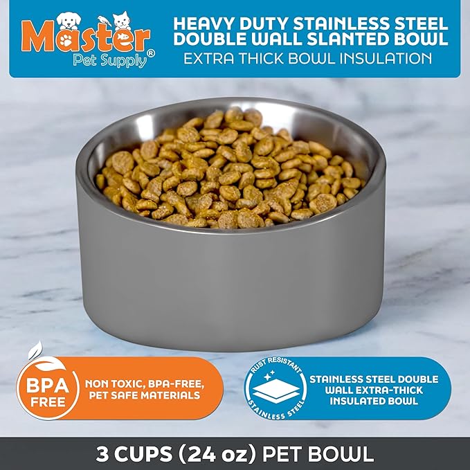 Master Pet Supply Stainless Steel Slanted Dog Cat Food Bowl - 24 oz Heavy Duty - Graphite, Double Wall Insulated, Non-Slip Elevated Bowl for French Bulldogs Pugs Cats, Anti Rust Dishwasher Safe
