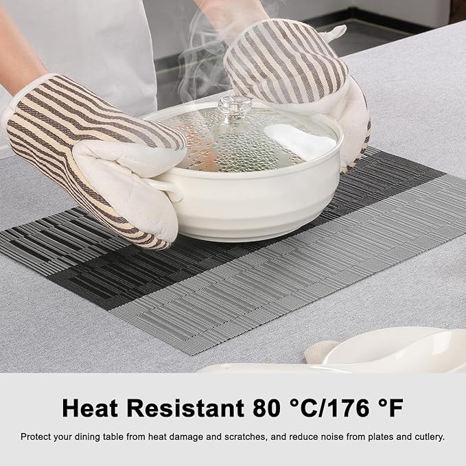 Placemats Set of 8, Vinyl Woven Place Mats Indoor Set of 8 Washable Wipeable PVC Table Mats Heat-Resistant Non Slip Plastic Placemat for Kitchen Dining Outdoor Table (Gray Black, Set of 8)