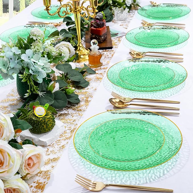 Rubtlamp 100 Pcs Clear Green Plastic Plates, Gold Hammered Plastic Salad Platos, Green Disposable Platos With Gold Rim,7 Inch Dessert Platos Disposable, Dessert Appetizer Platos