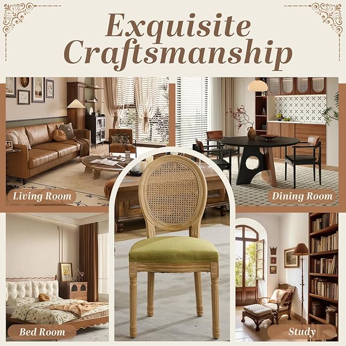 SoarFlash French Dining Chairs Set of 4, Vantage Dining Chair with Round Back, Wood Leg Farmhouse Country Rattan Dining Chair for Kitchen,Bedroom,Olive Green
