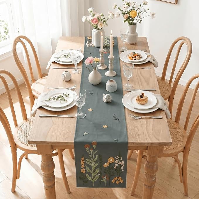 Artoid Mode Grey Soft Chain Embroidery Wild Floral Spring Table Runner - Image 6