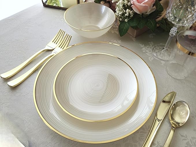 " OCCASIONS " 120 Plates Pack,(60 Guests) Premium Wedding Party Disposable Plastic Plates Set -60 x 10'' Dinner + 60 x 7'' Salad/Dessert (Belize in Ivory & Gold)