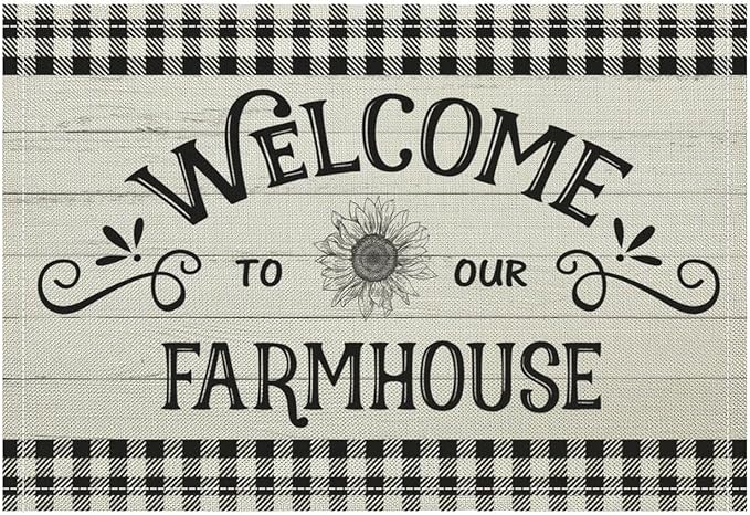 Vintage Farmhouse Placemat Set, Rustic Minimal Black White Check Inspirational Quotes Sketch Sunflower Pattern Home Decoration Linen Table Mats for Dining Room Kitchen Party (17x12in) x2P