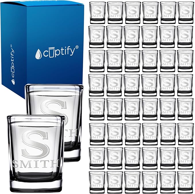 Personalized Square Shot Glasses Set of 50 Black Bottom 2oz Engraved Initial and Name Custom Gifts, Weddings, Birthdays, Party, Event, Decorations