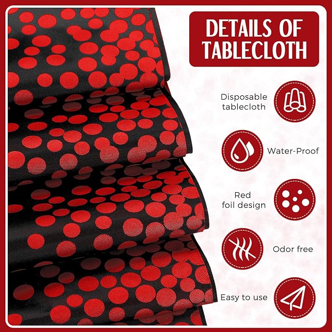 Breling 8 Pack Black and Red Disposable Plastic Tablecloths and Satin Table Runner Set, 54 x 108 Inch Tablecloth, 12 x 108 Inch Table Runners for Wedding Graduation Birthday Baby Shower