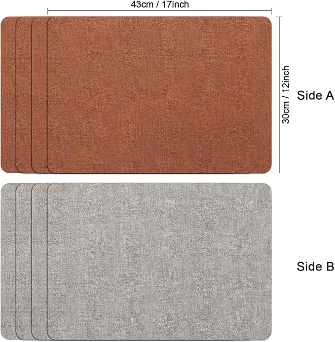 Myir JUN Reversible Vinyl Placemats Set of 8, Faux Leather Place Mats Dual Sided Waterproof Wipeable, Heat-Resistant Table Mats for Kitchen Dining Indoor Outdoor (12" x 17", Light Gray Reddish Brown)