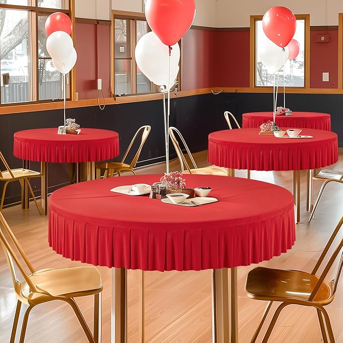 8 Pack Red Spandex Round Tablecloths for 60 inch Table, Stretchy Fitted 5FT Table Cloths with Wrinkle Free Skirt for Wedding Party Dining Banquet