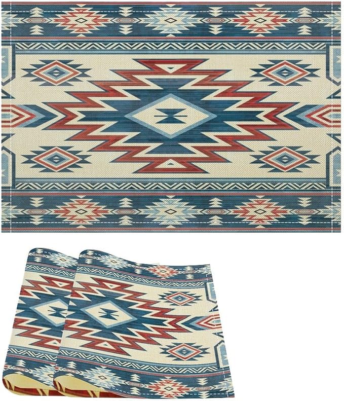 Ethnic Aztec Placemat Set, Vintage Bohemian Rustic Farmhouse Blue Red Mystic Native Tribal Geometric Totem Pattern Home Decor Linen Table Mats for Dining Room Kitchen Party (17x12in) x2P