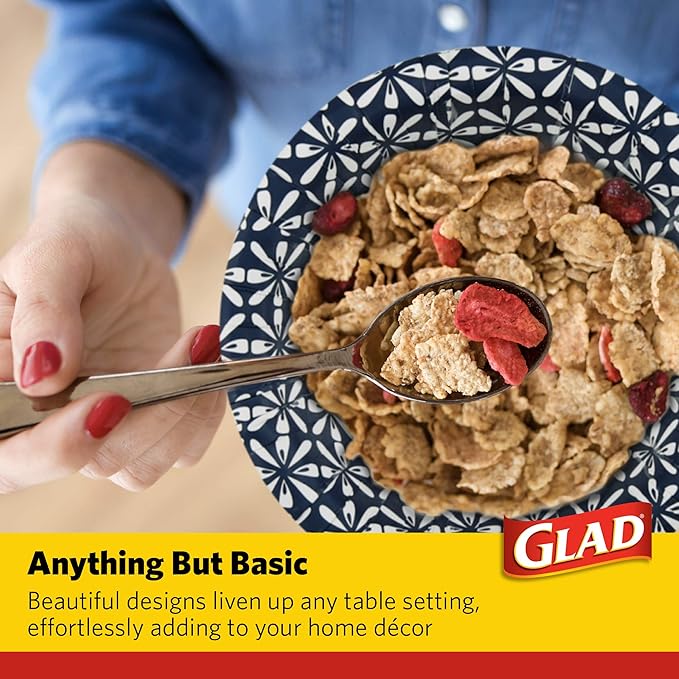 Glad Round Disposable Paper Bowls, Blue Mosaic Design - Heavy Duty, Soak Proof, Cut-Resistant, Microwavable Bowl for All Foods & Daily Use, 16 Oz, 50 Count