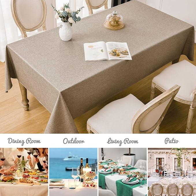 2 Pack Rectangle Tablecloth, 52x70 inch, Water Resistant Wrinkle Free Linen Textured Table Cloth Washable, Decorative Fabric Table Cover for Dining, Party and Camping, Mocha