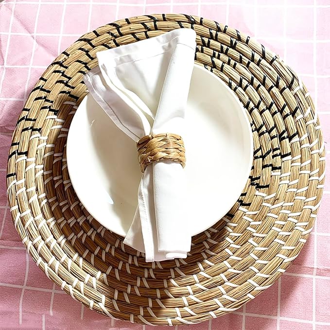 Set 12 Woven Water Hyacinth Napkin Rings | Rustic Boho Wicker Napkin Holders | Natural Farmhouse Rattan Napkin Ring for Christmas, Thanksgiving Dining Table, Wedding Party