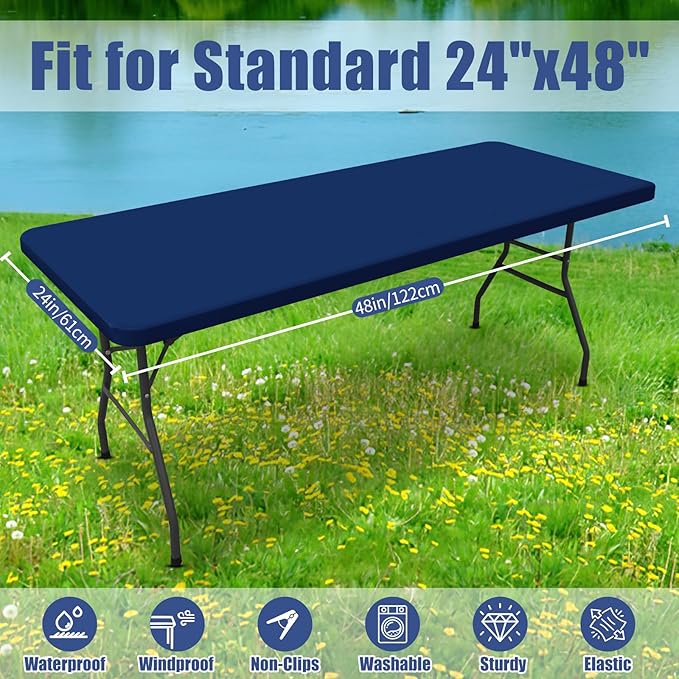 Spandex 4 Foot Rectangle Table Cloth 2 Pack, Elastic Fitted Tablecloths for Picnic, Stretch Washable Patio Table Cover for Outdoor, Camping, Banquet and Parties (Navy, 24"x48")