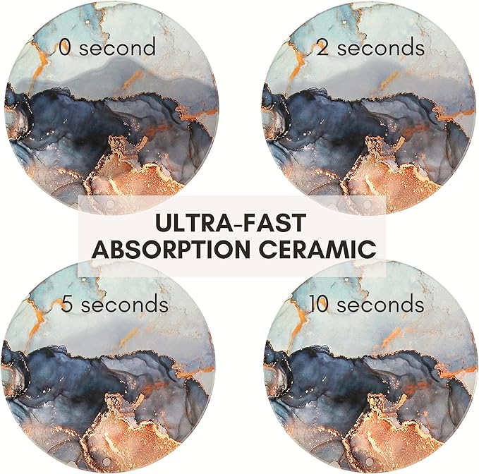 Ceramic Absorbent Coasters Set of 6 with Holder, Marble Drink Coasters for Coffee Table, Water Absorbing Coaster (Twinkle Gold Holder)