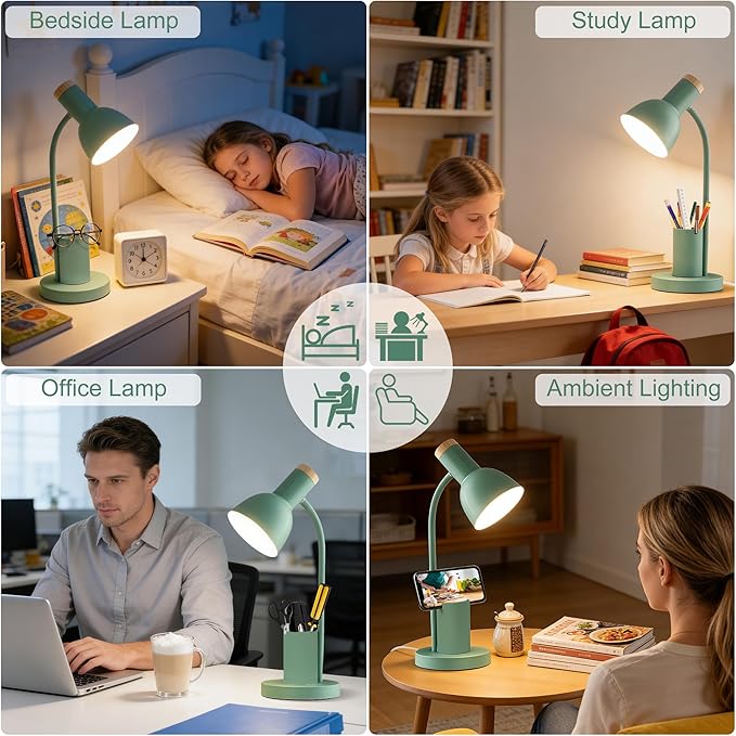 WLHONG LED Desk Lamp, Table Lamps with Pen Holder, 3 Color Modes Eye-Caring Reading Light with Flexible Gooseneck, Study Lamp for Kids Bedside Home Office Room College Dorm Essentials (Green)