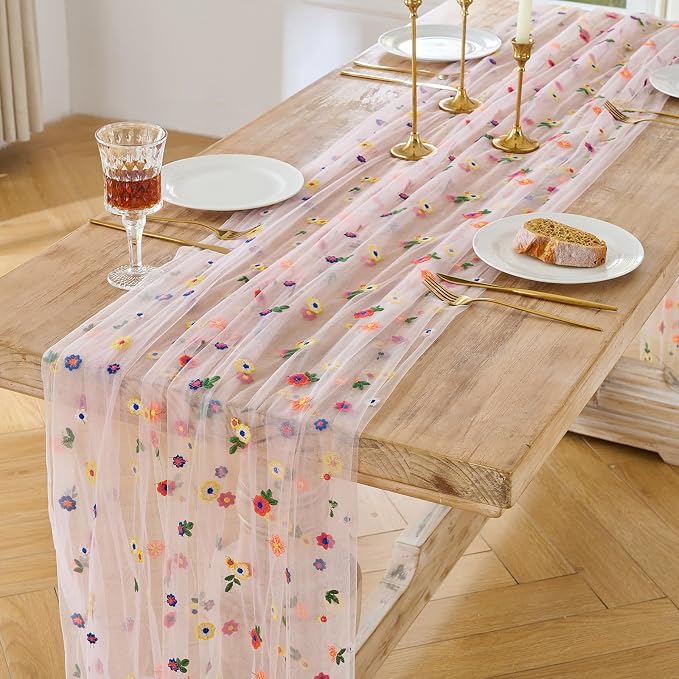 BINBE 6pcs Pink Daisy Spring Table Runner Embroidery Gauze 10FT Florals - Image 2