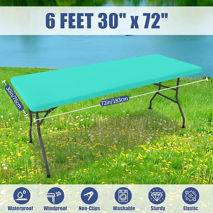 Spandex 6 Foot Rectangle Table Cloth 2 Pack, Elastic Fitted Tablecloths for Picnic, Stretch Washable Patio Table Cover for Outdoor, Camping, Banquet and Parties(Aqua Blue, 30"x72")