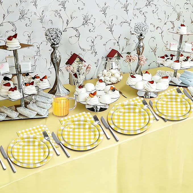180Pcs Yellow Gingham Party Supplies Paper Plates and Napkins Serve 60 | - Image 7