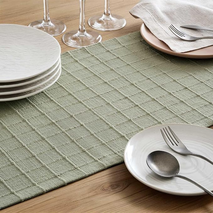 Artisanal Grid Linen Table Runner, 13x90 Inches Seeding Green | Heavy Textured - Image 6