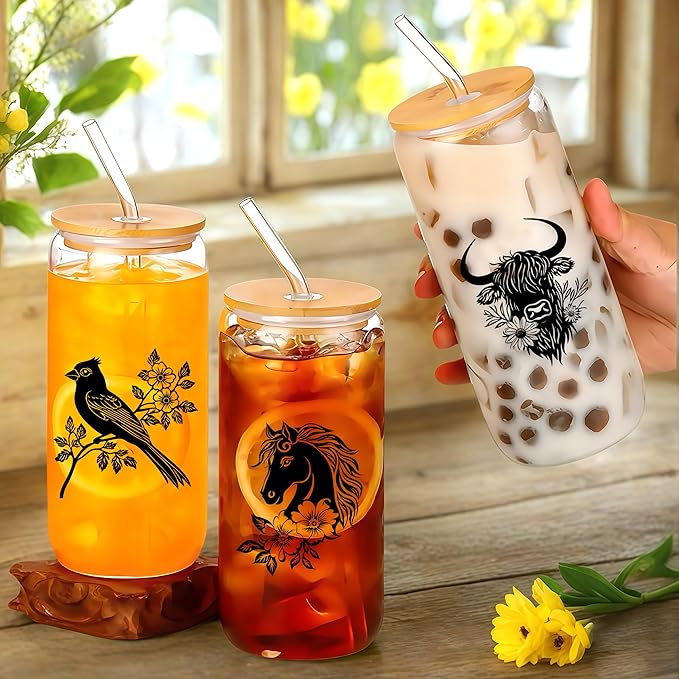 Cute Cardinal Glass Cup With Lids And Straws, Cardinal Gift For Women, Iced, Coffee, Smoothie, Cocktail, Beer, Whiskey, Soda, Matcha,16 Oz, Home Office Table Desk Decoration!