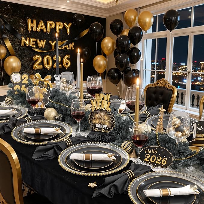 KIRE 200Pcs Black Plastic Plates - Black and Gold Plates Disposable for Party - Include 100 for Dinner and 100 for Dessert for Birthday/Wedding/New Year