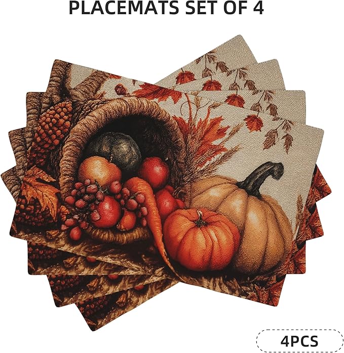 Thanksgiving Pumpkin Placemats Set of 4 Washable Table Place Mats for Dining Kitchen Party Decor