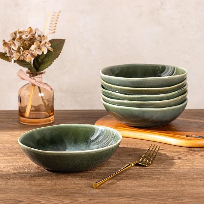 AmorArc Ceramic Cereal Bowls Set of 6, 24 oz Handmade Stoneware Bowls for Cereal Soup Salad Bread, Stylish Kitchen Bowls for Meal, Dishwasher & Microwave Safe-Earth Green