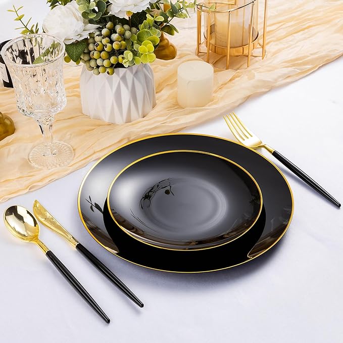 100 PCS Black Gold Plastic Plates, 7 inch Black Disposable Plates for Party, Disposable Dessert Plates for Party, Graduation, Birthday, Wedding