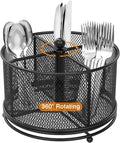 360° Rotating Metal Utensil Caddy, 4 Compartment Silverware Cutlery Holder, Effortless Access Fork Spoon, Silverware Holder for Party Countertop Buffet Picnic Camping Outdoor (Black)
