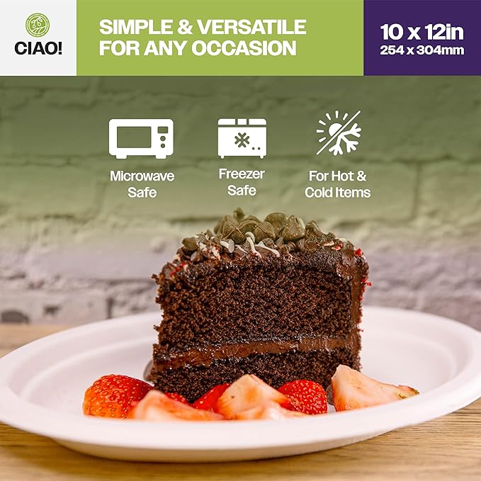 CIAO! 10"X12" Heavy Duty Oval Plate 100% Compostable PFAS Free Unbleached Bagasse Natural White (Pack of 500)