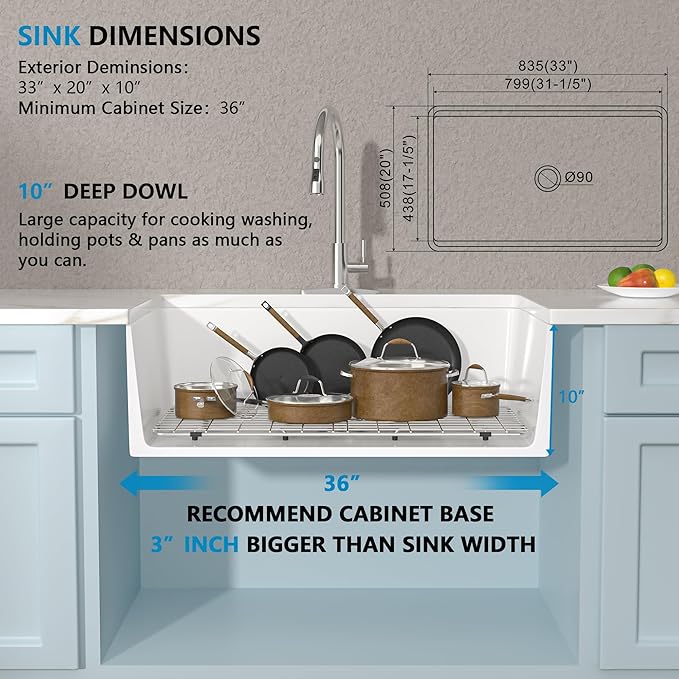 33 White Farm Sink Workstation - Fulorni 33 Inch Farmhouse Kitchen Sink with Slide Ledge Flat Apron Front White Ceramic Porcelain Fireclay Single Bowl Farmer Style Basin