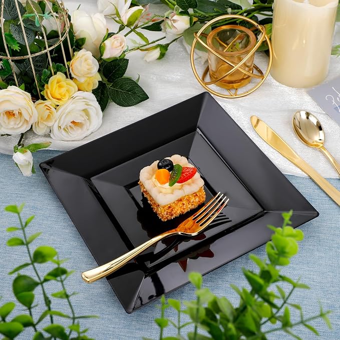 Liacere100PCS Black Plastic Plates-Premium Black Square Disposable Plates-Include 50PCS 9.5inch Dinner Plates - 50PCS 6inch Dessert Plates for Party&New Year&Halloween