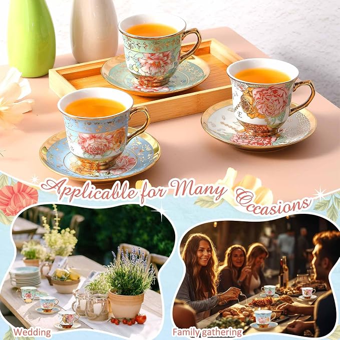Teenyyou Set of 6 Tea Cups and Saucers Tea Party Decorations Floral Porcelain - Image 4