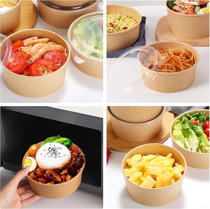 Ginkgo 30 oz Disposable Meal Prep Containers with Lids, Large Paper Bowls Bulk for Hot Soup, Food, Salad, Ice Cream, Dessert, Cereals, 60 Count